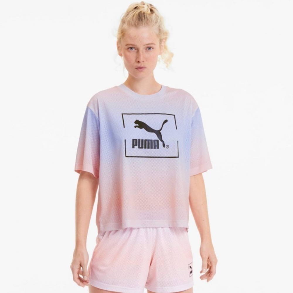 NWT Puma Mesh Crop Tie Dye Ombré Tee In Purple